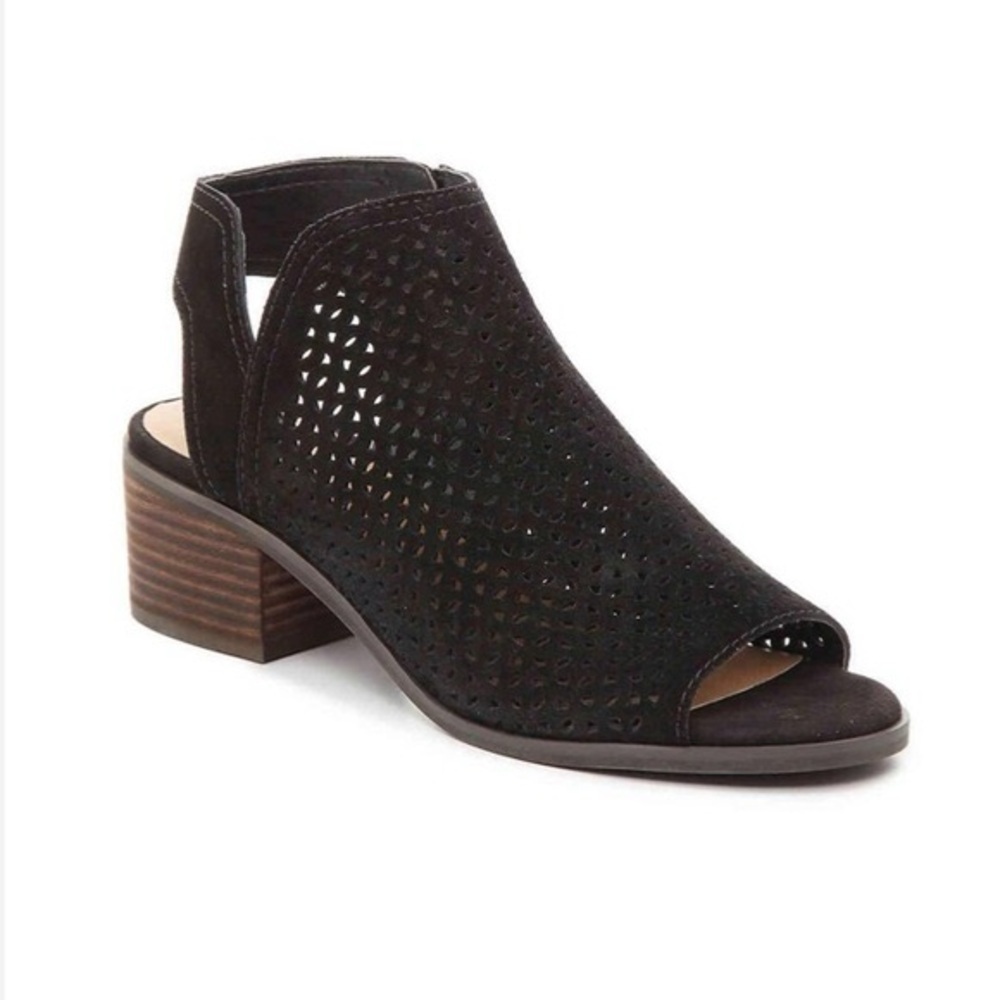 Lucky Brand Nonina Suede Chunky Heel Laser Cut Leather Sandals, Size 7